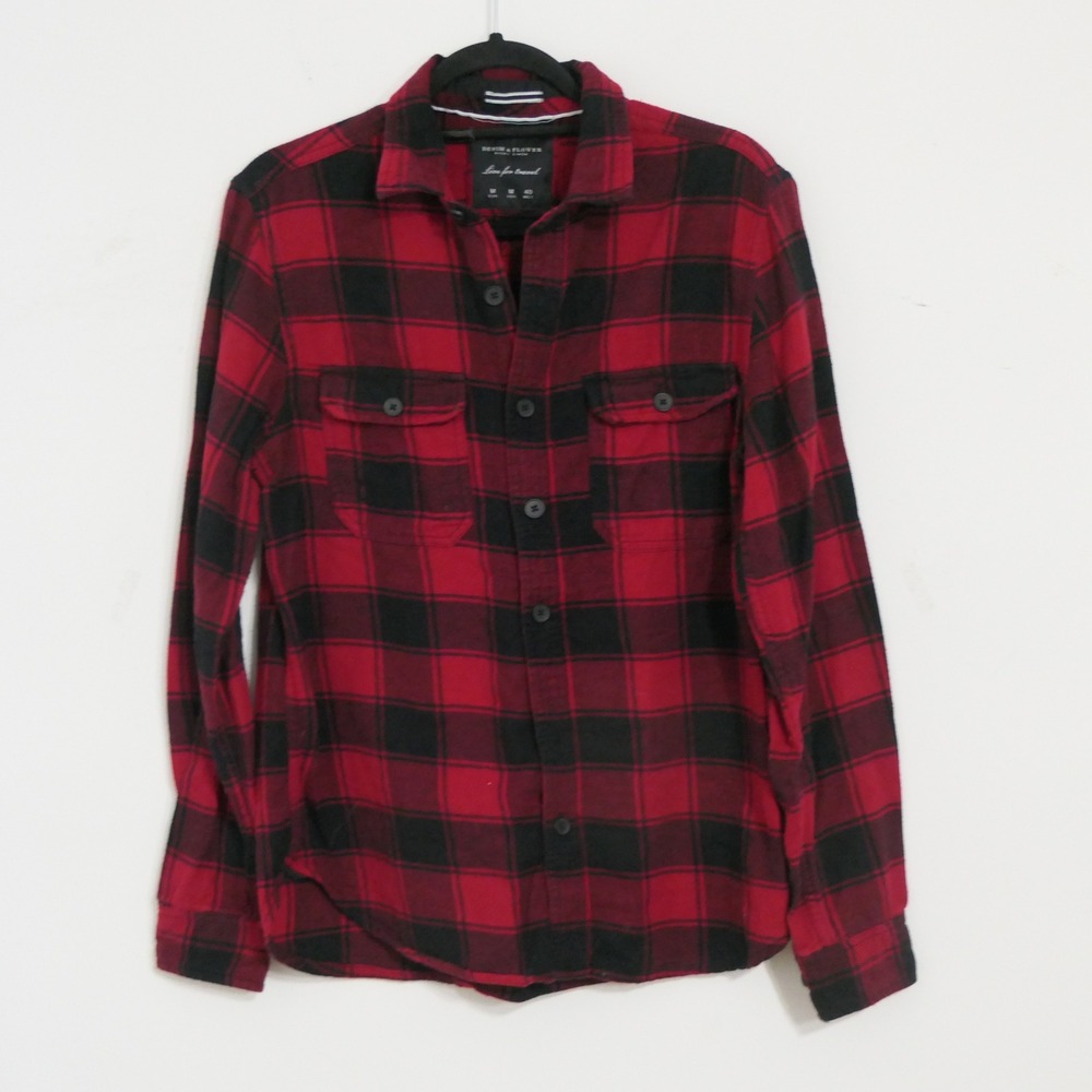 Denim & Flower Mens Flannel Shirt‎ M Red Black Buffalo Plaid Lumberjack Layering